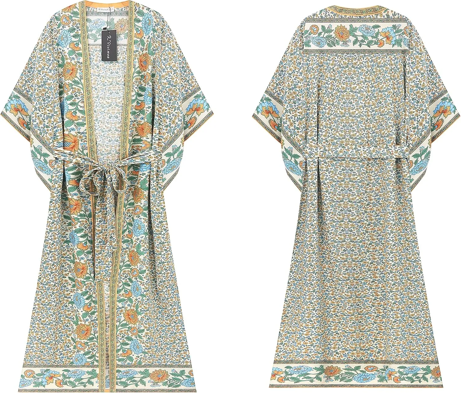 R.Vivimos Women's Vintage Floral Print Beach Boho Cardigan Kimono Maxi Swimwear Cover up Dress Wrap