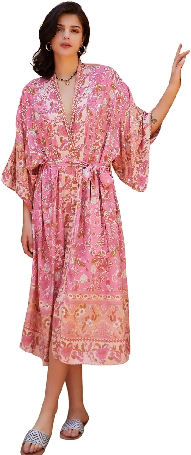 R.Vivimos Women's Vintage Floral Print Beach Boho Cardigan Kimono Maxi Swimwear Cover up Dress Wrap