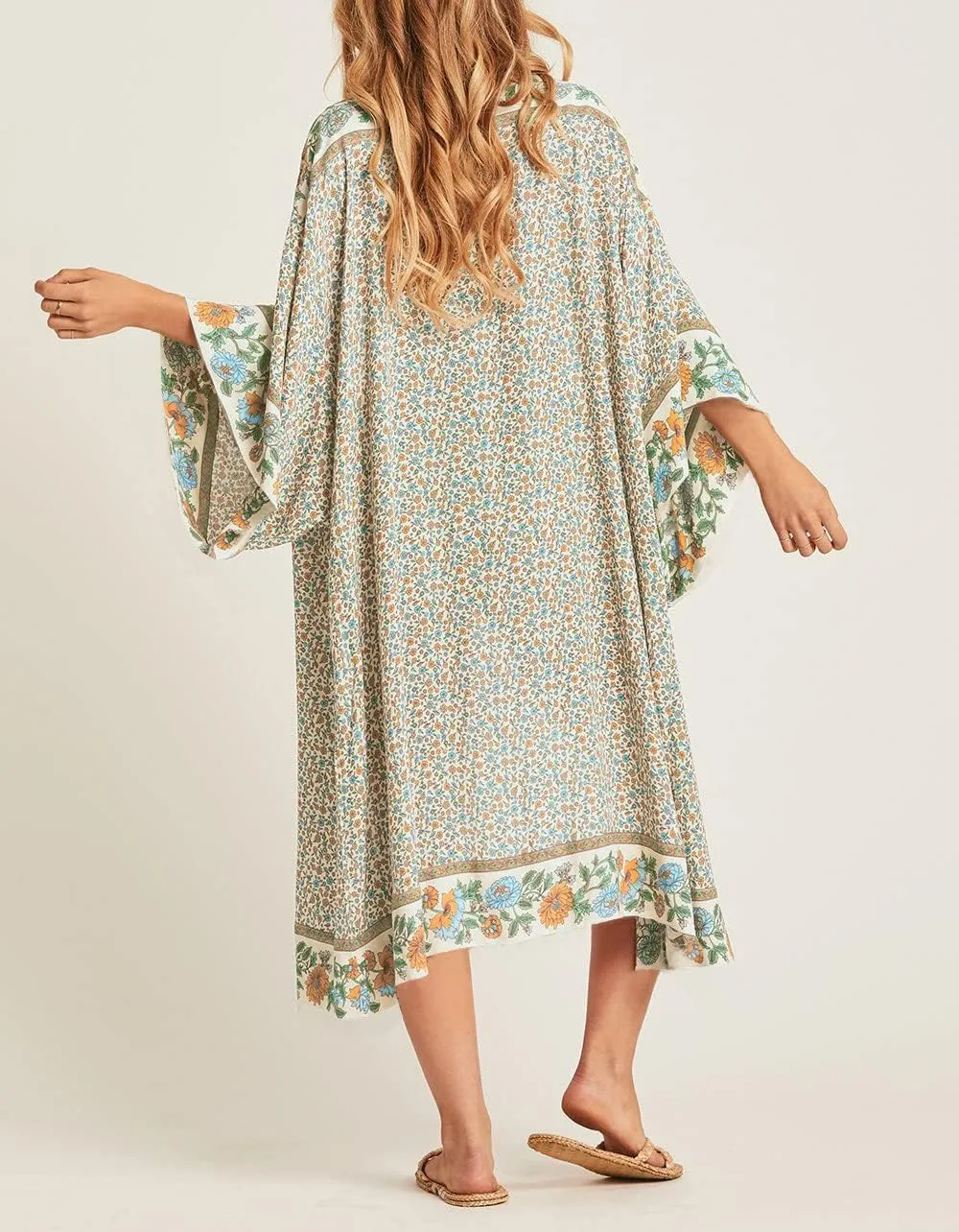 R.Vivimos Women's Vintage Floral Print Beach Boho Cardigan Kimono Maxi Swimwear Cover up Dress Wrap