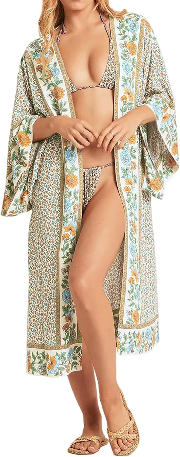 R.Vivimos Women's Vintage Floral Print Beach Boho Cardigan Kimono Maxi Swimwear Cover up Dress Wrap