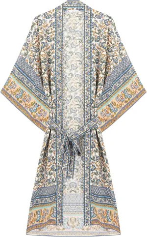 R.Vivimos Women's Vintage Floral Print Beach Boho Cardigan Kimono Maxi Swimwear Cover up Dress Wrap