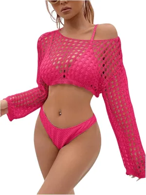 SHENHE Women's Hollow Out Crochet Beach Cover Up Sheer Long Sleeve Crop Beach Top