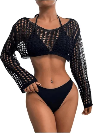 SHENHE Women's Hollow Out Crochet Beach Cover Up Sheer Long Sleeve Crop Beach Top