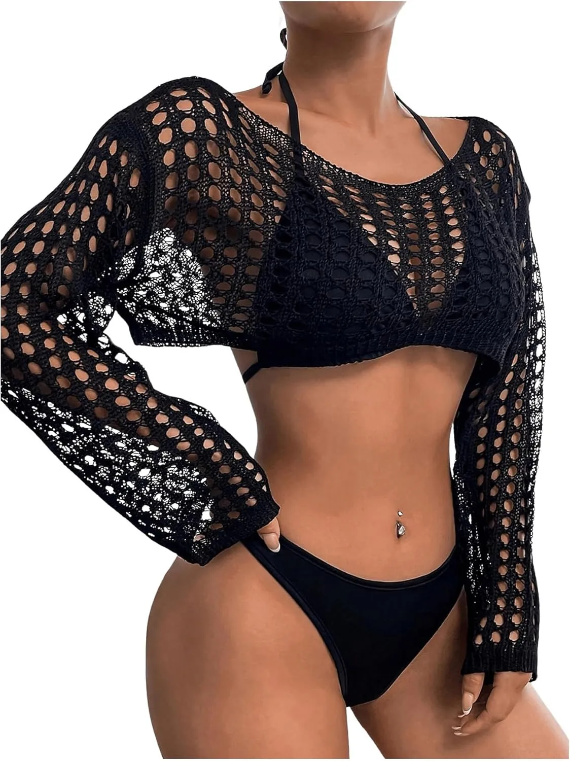 SHENHE Women's Hollow Out Crochet Beach Cover Up Sheer Long Sleeve Crop Beach Top