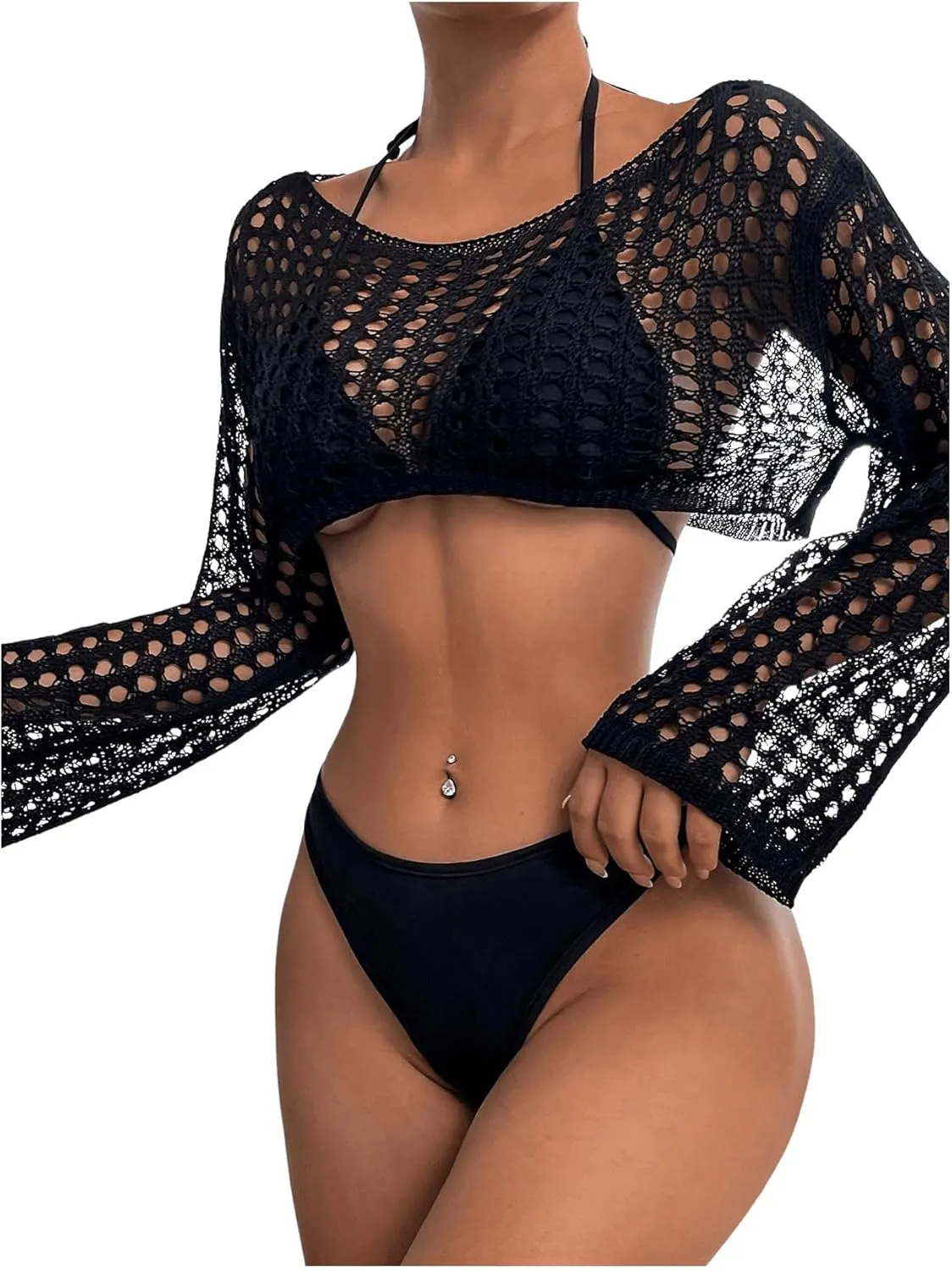 SHENHE Women's Hollow Out Crochet Beach Cover Up Sheer Long Sleeve Crop Beach Top