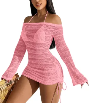 Summer Women's Sexy Mesh Hollow Out Off Shoulder Bathing Suit Coverups Long Bell Sleeve Ruched Drawstring Swimsuit