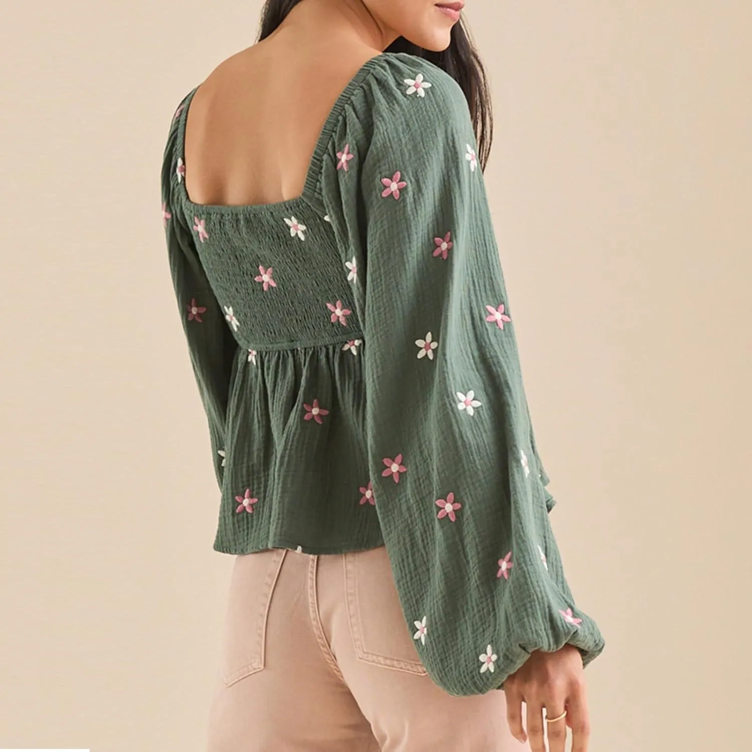 Women Floral Embroidered Blouses Long Lantern Sleeve Smocked Top Y2k Square Neck Babydoll Shirts Vintage Flowy Tops