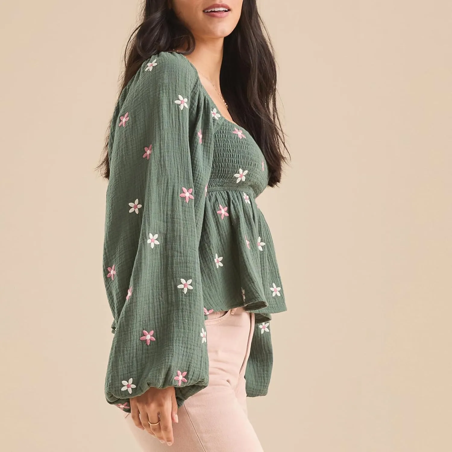 Women Floral Embroidered Blouses Long Lantern Sleeve Smocked Top Y2k Square Neck Babydoll Shirts Vintage Flowy Tops