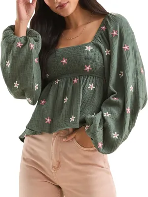 Women Floral Embroidered Blouses Long Lantern Sleeve Smocked Top Y2k Square Neck Babydoll Shirts Vintage Flowy Tops