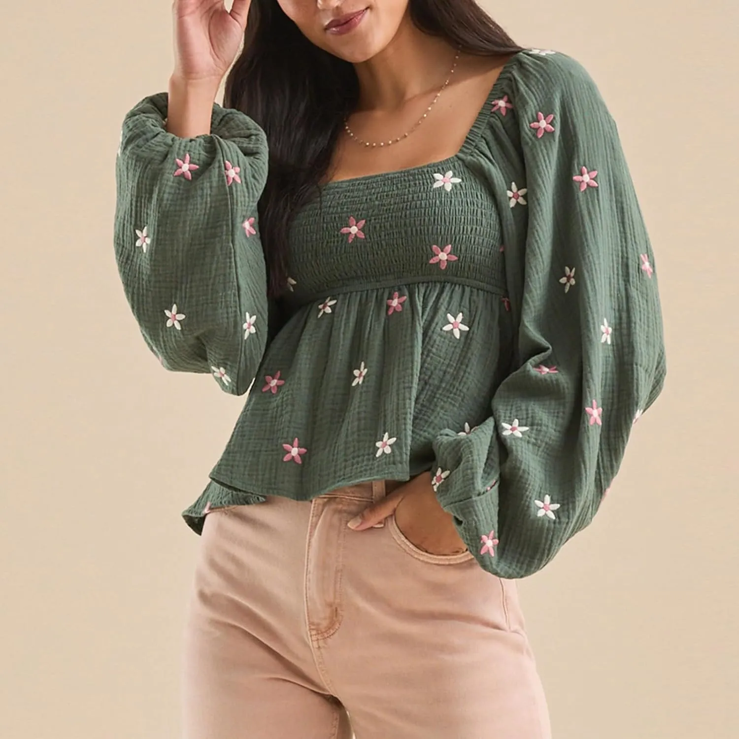 Women Floral Embroidered Blouses Long Lantern Sleeve Smocked Top Y2k Square Neck Babydoll Shirts Vintage Flowy Tops