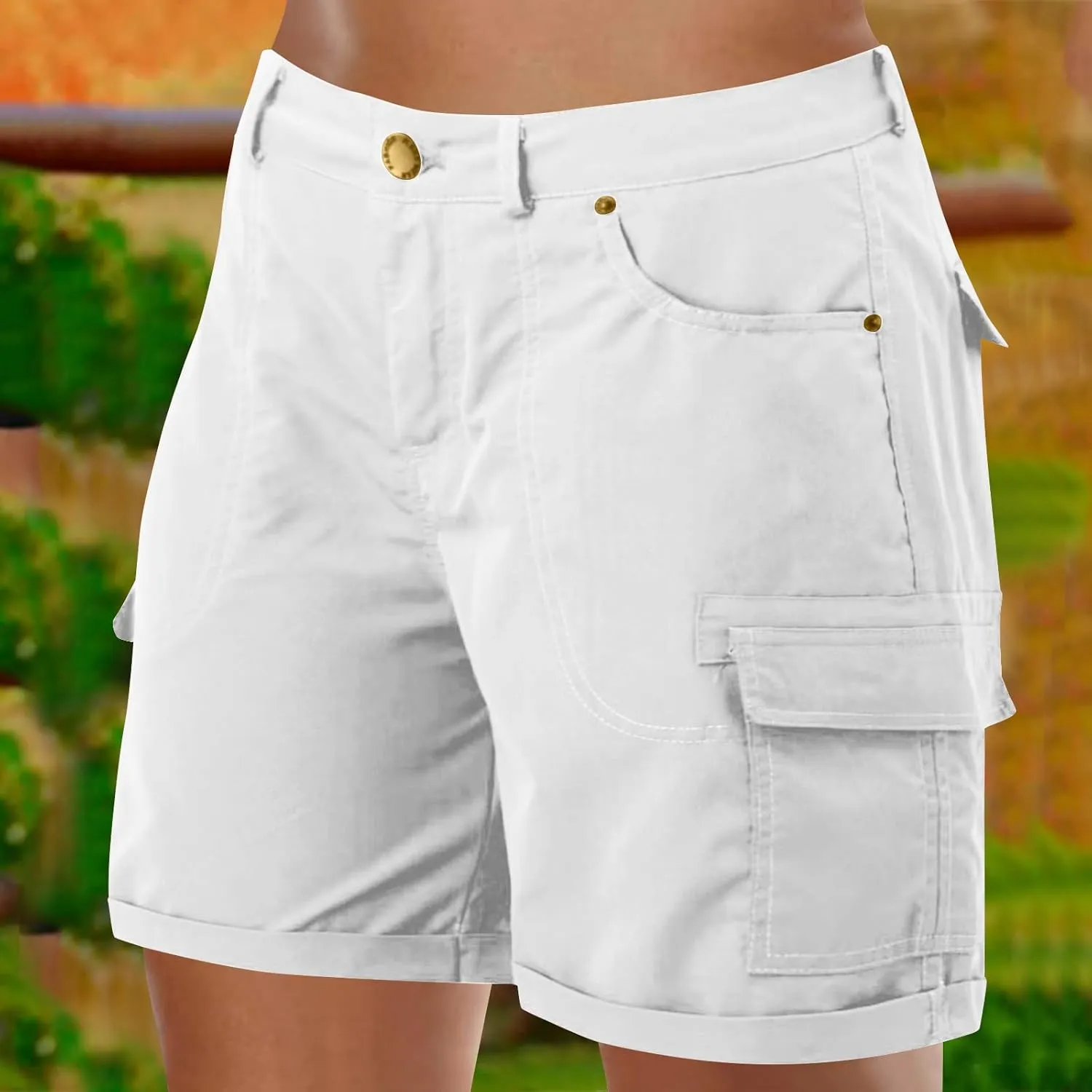 Women's Cargo Shorts Summer High Waist Outdoor Hiking Short Pants with Pockets Loose Fit Button Bermuda Shorts