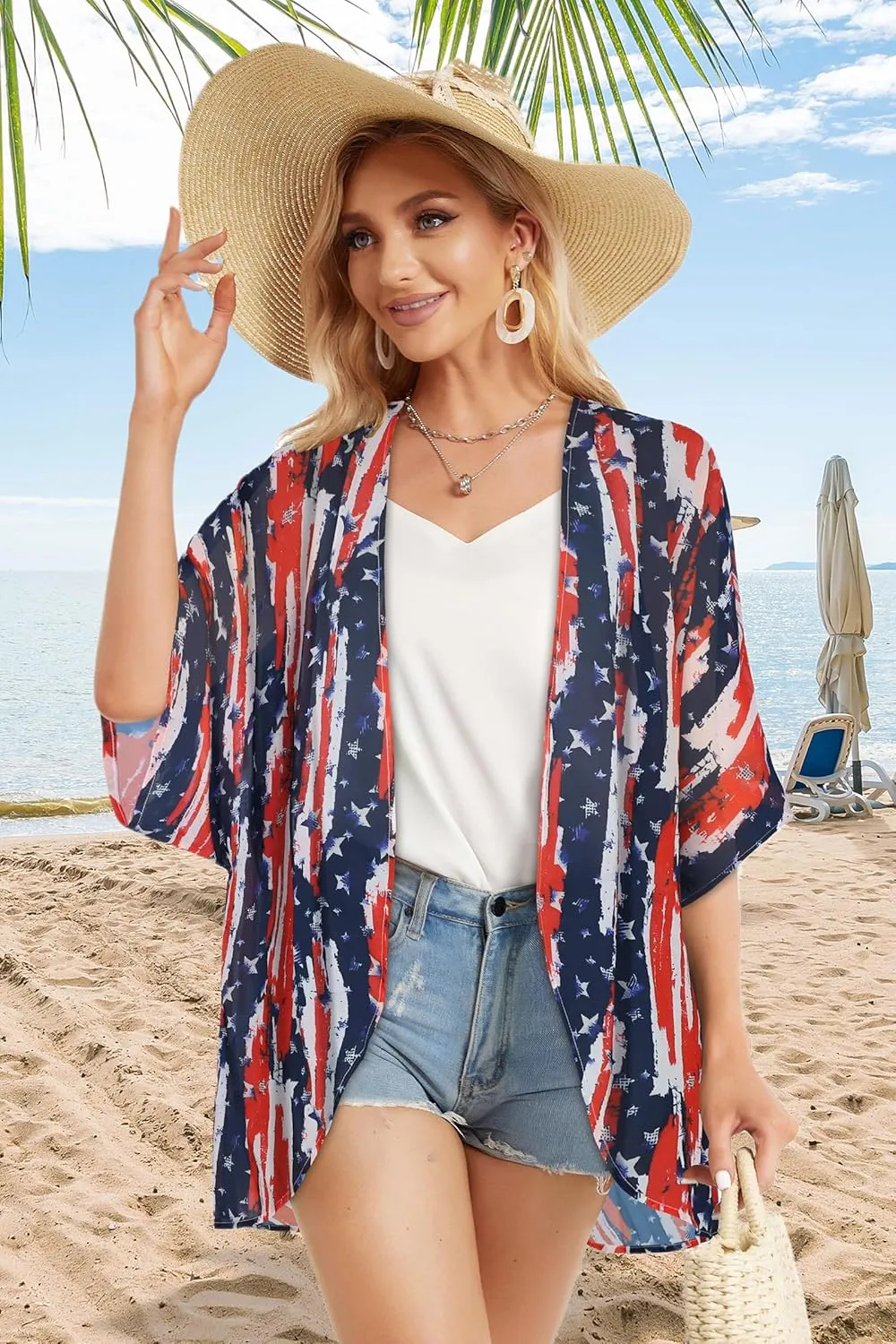 Women's Floral Print Puff Sleeve Kimono Cardigan Loose Cover Up Casual Blouse Tops