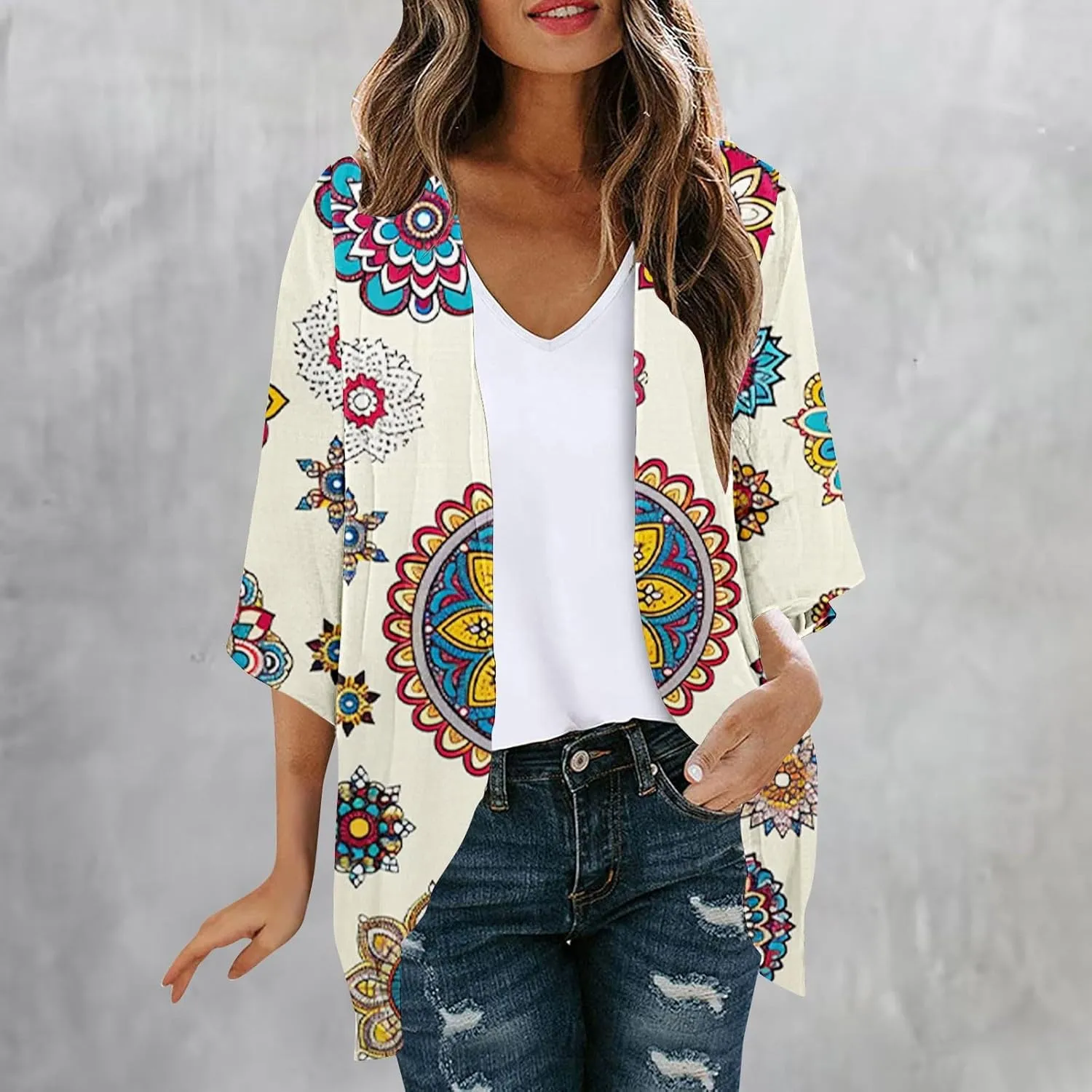 Womens Kimonos Floral Print Puff Sleeve Cardigan Loose Fit Beach Wear Cover Up Swimwear Casual Blouse Top Shirt