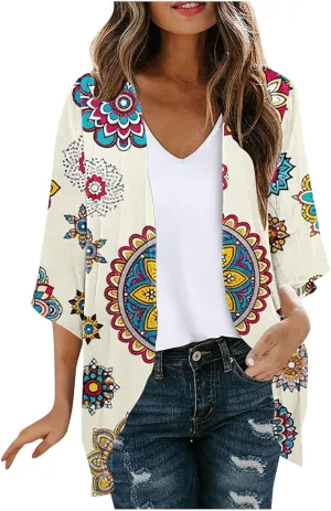 Womens Kimonos Floral Print Puff Sleeve Cardigan Loose Fit Beach Wear Cover Up Swimwear Casual Blouse Top Shirt