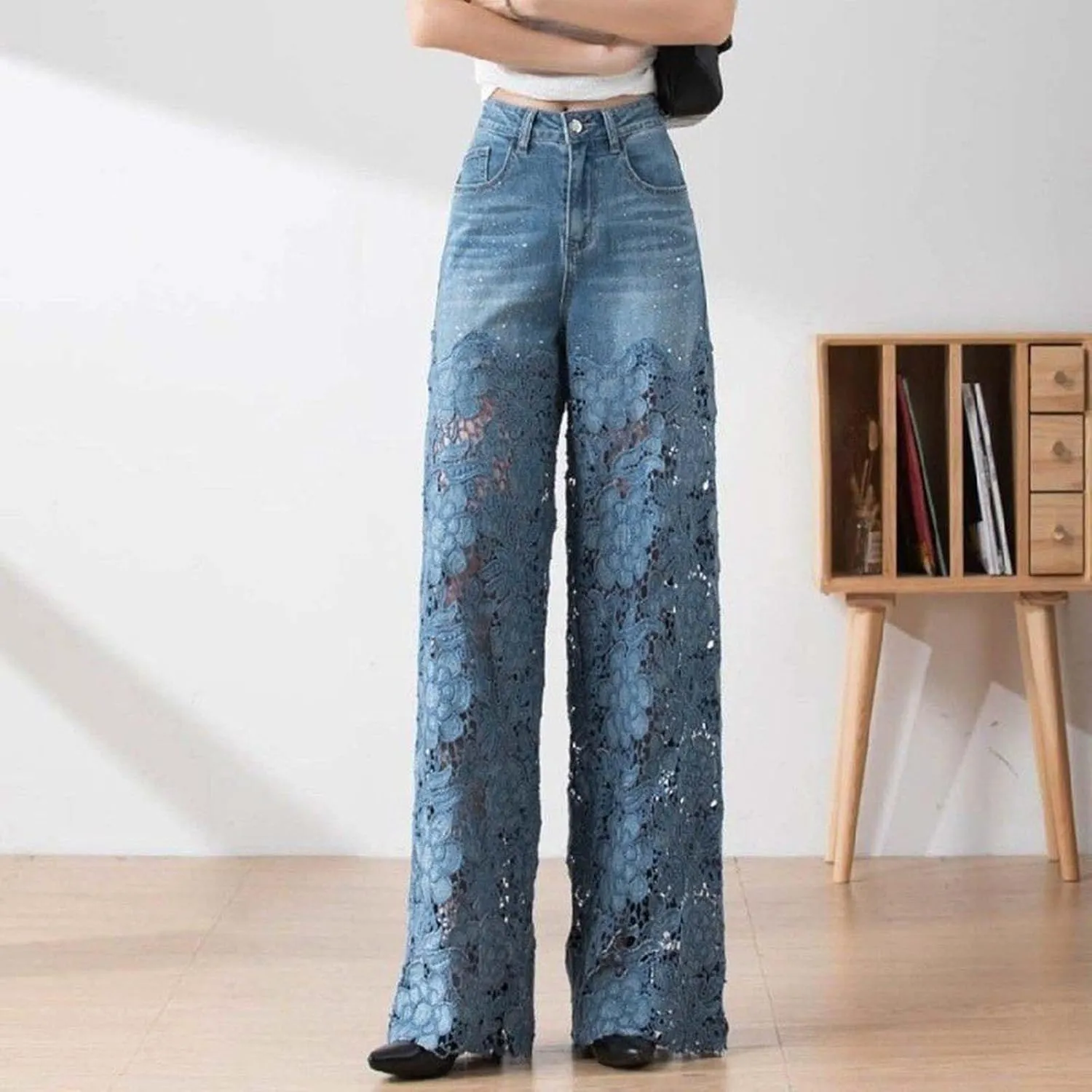Women's Lace Patchwork Hollow Jeans, High Waisted Casual Vintage Baggy Straight Wide Leg Denim Pants Trouser
