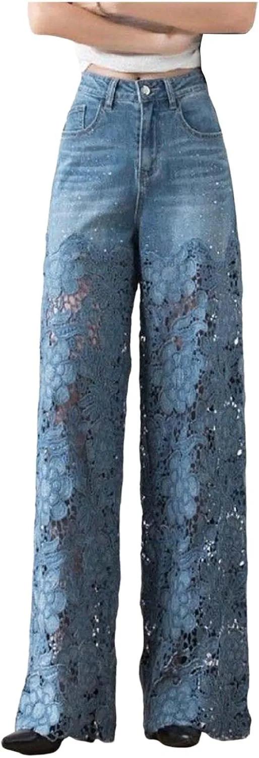 Women's Lace Patchwork Hollow Jeans, High Waisted Casual Vintage Baggy Straight Wide Leg Denim Pants Trouser