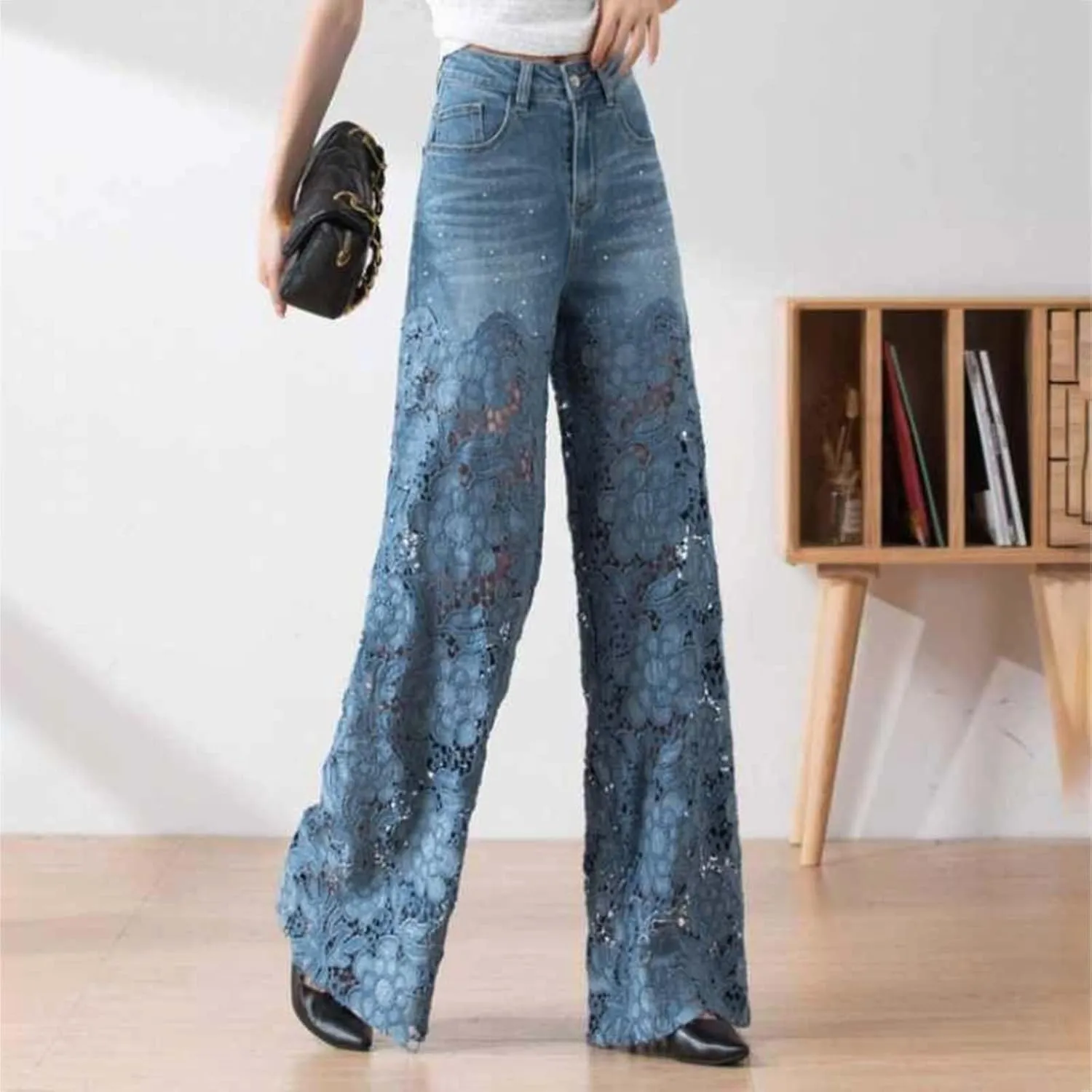 Women's Lace Patchwork Hollow Jeans, High Waisted Casual Vintage Baggy Straight Wide Leg Denim Pants Trouser
