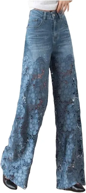Women's Lace Patchwork Hollow Jeans, High Waisted Casual Vintage Baggy Straight Wide Leg Denim Pants Trouser