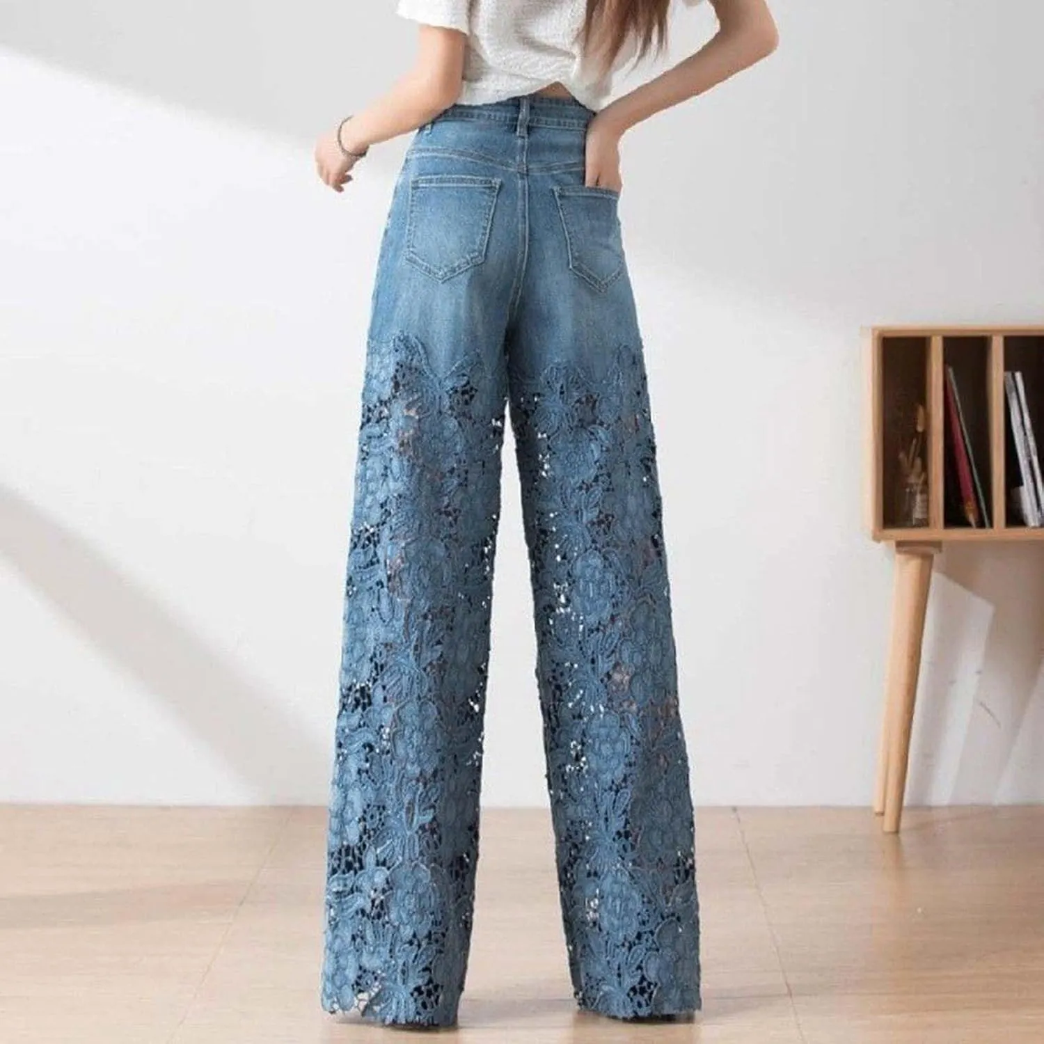 Women's Lace Patchwork Hollow Jeans, High Waisted Casual Vintage Baggy Straight Wide Leg Denim Pants Trouser