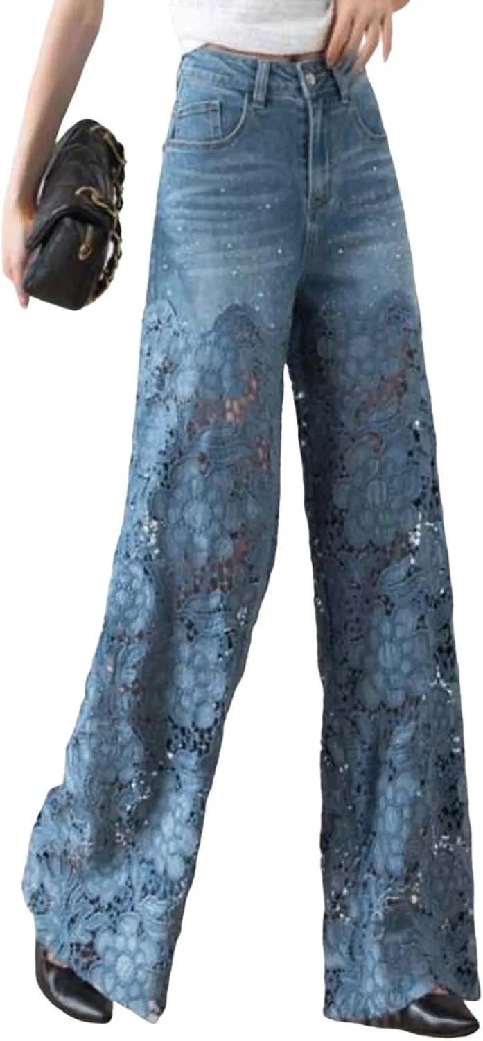 Women's Lace Patchwork Hollow Jeans, High Waisted Casual Vintage Baggy Straight Wide Leg Denim Pants Trouser