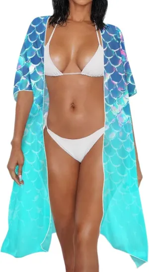 Women's Loose Sheer Swimwear Cover Up Kimono Cardigan Short Sleeve Beachwear Bathing Suit Bikini