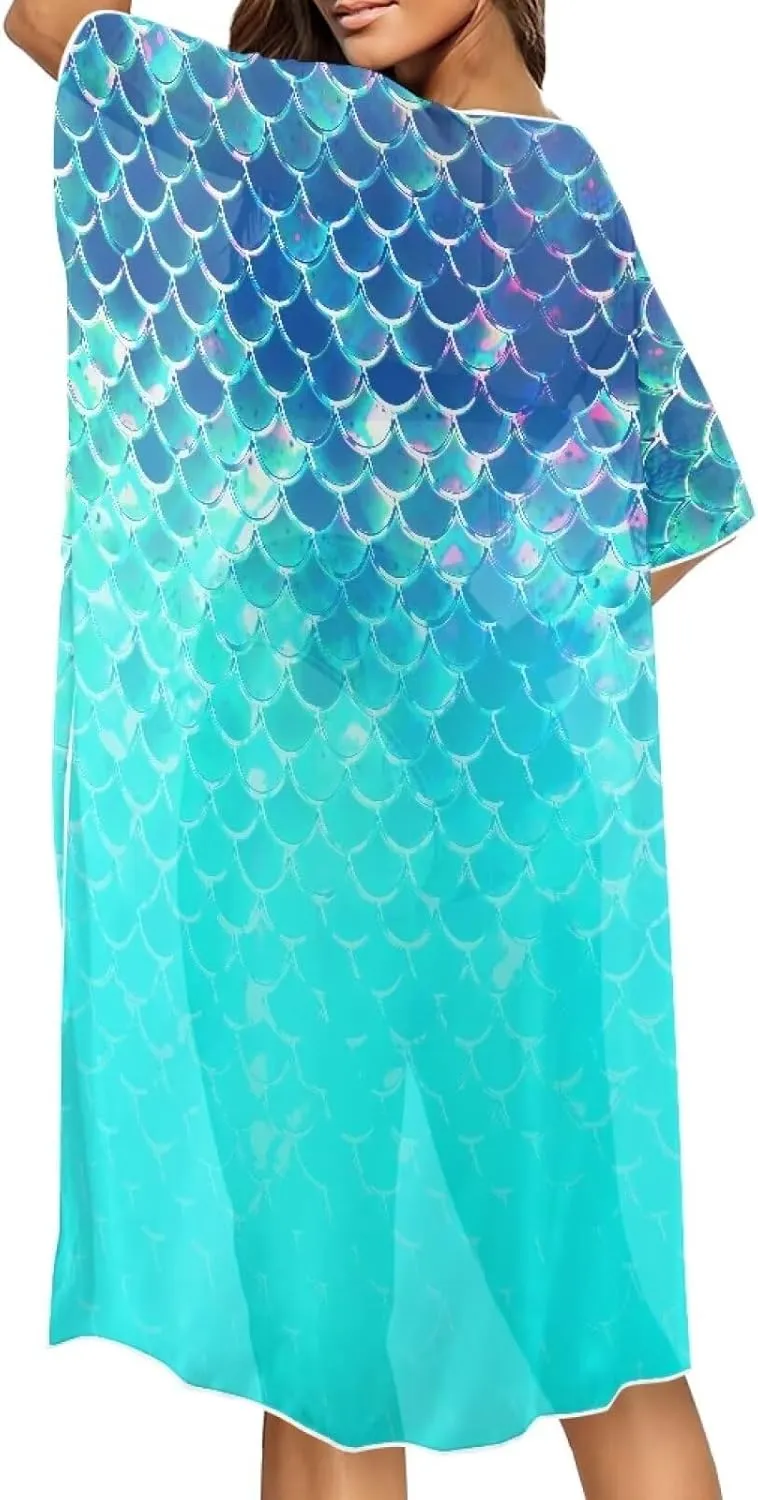 Women's Loose Sheer Swimwear Cover Up Kimono Cardigan Short Sleeve Beachwear Bathing Suit Bikini